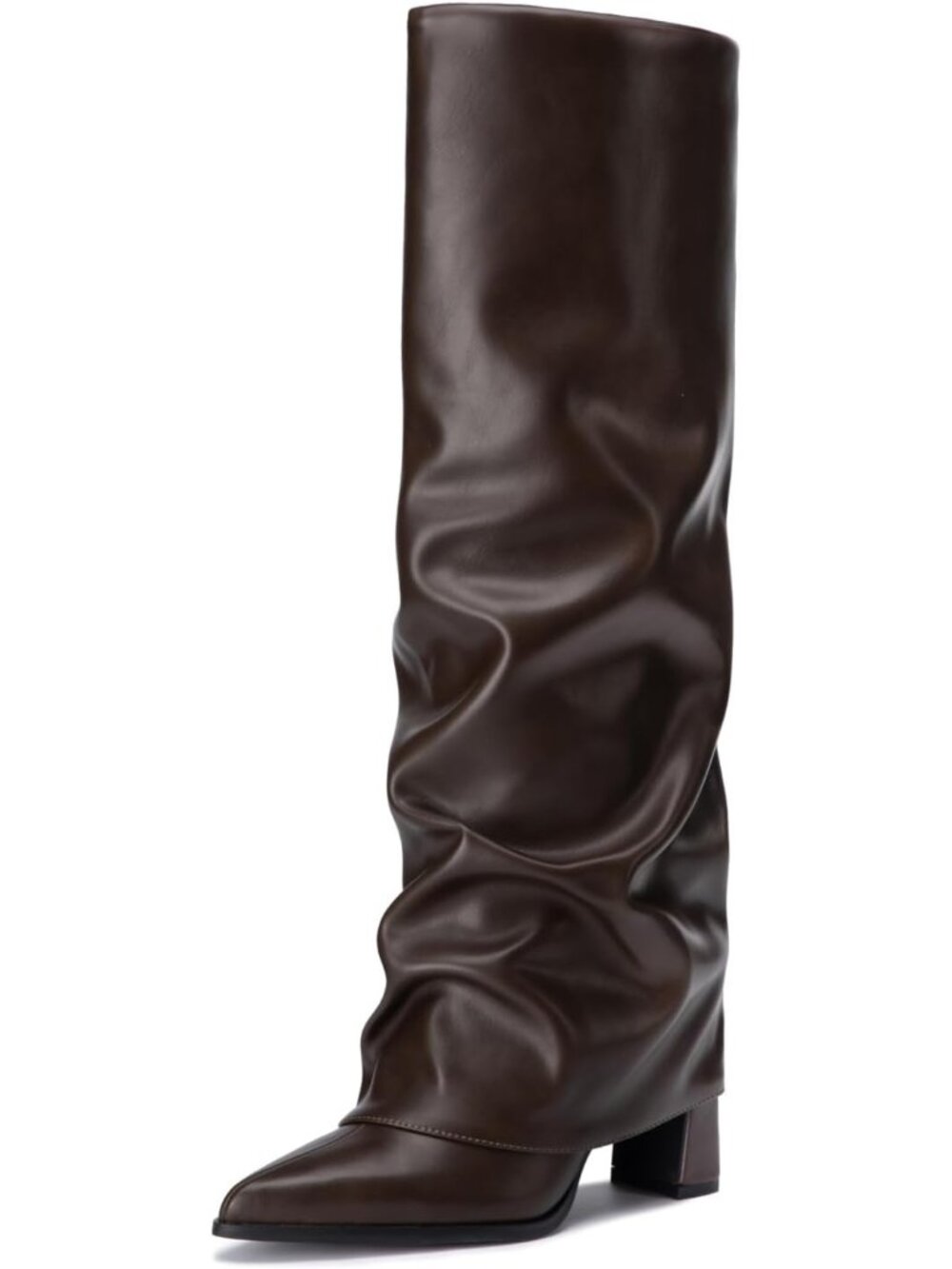 Women's Brown Chunky Fold Over Tall Boots PU Leather 3.17" High Heel Pointed Toe